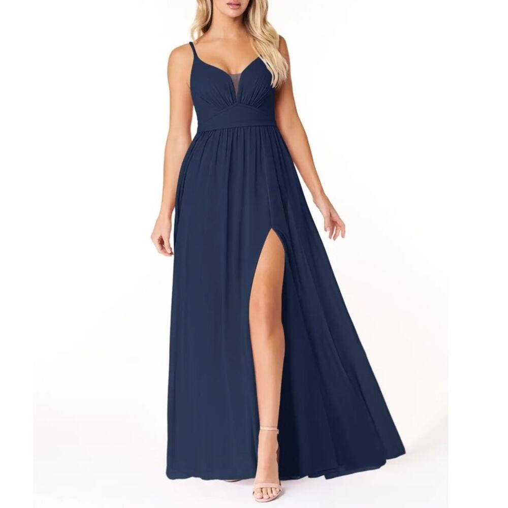 Azazie Rayna A-Line Chiffon Gown Women’s A2 Navy V-Neck Pleated Formal Dress